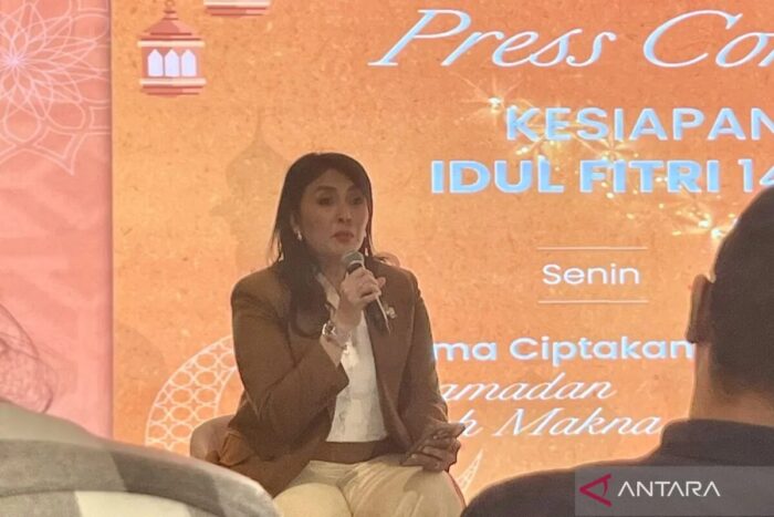 Direktur Utama InJourney Hospitality Christine Hutabarat dalam konferensi pers di Jakarta, Senin (9/3/2026). ANTARA/Farika Nur Khotimah